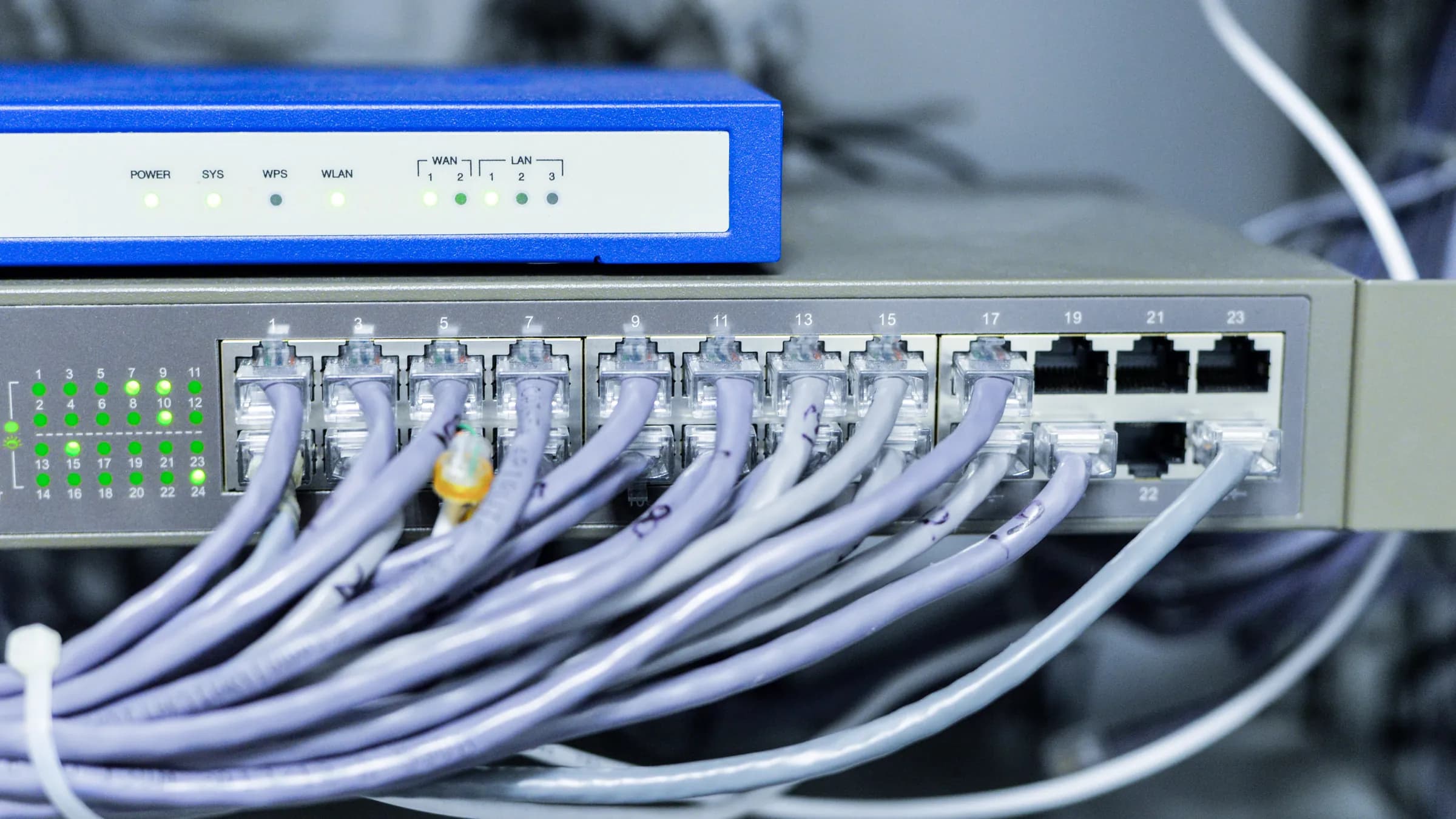 A network switch with neatly patched ethernet cables