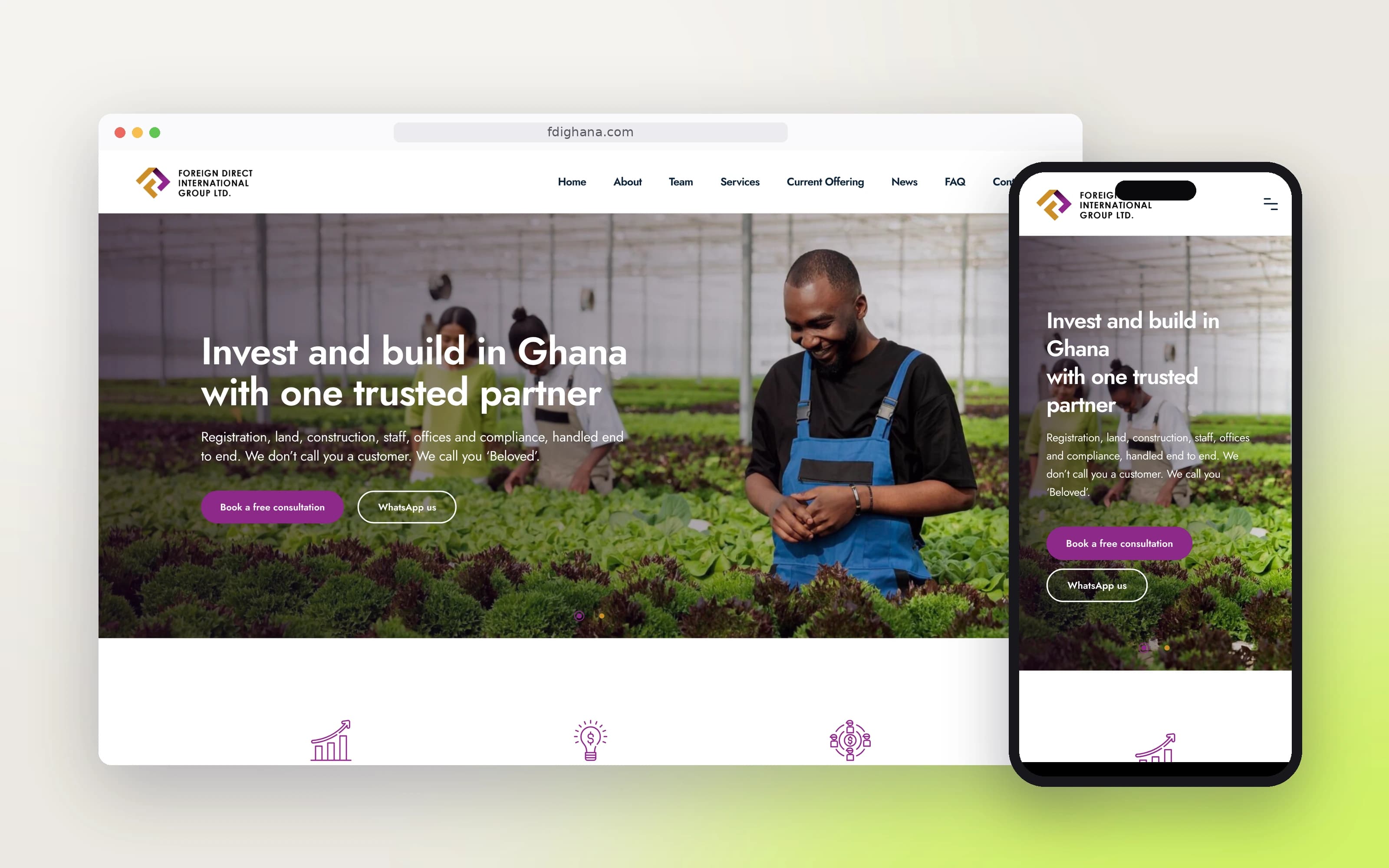 Foreign Direct International Group website on desktop and phone