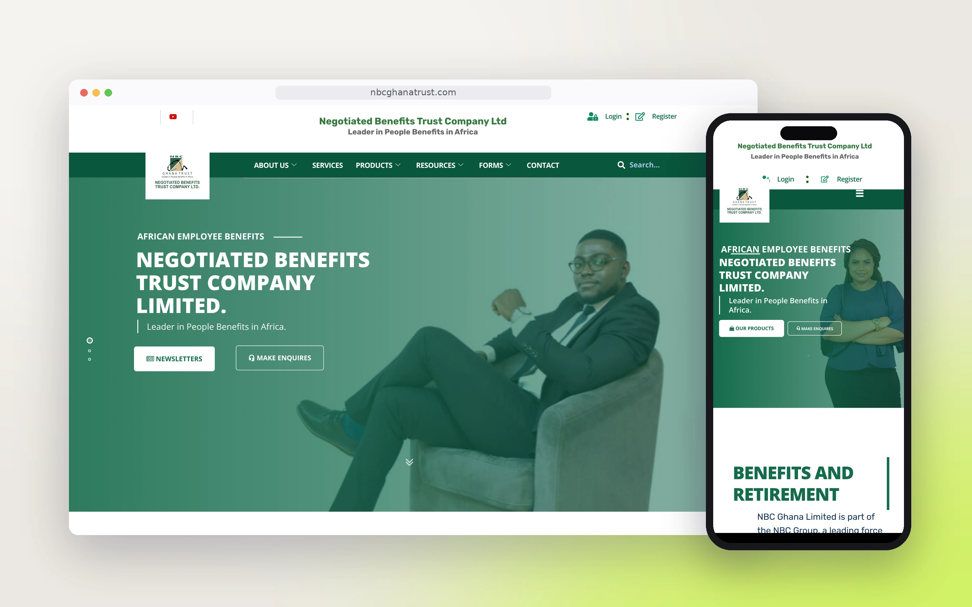 The NBC Ghana Trust website, built by Cliq, on desktop and phone